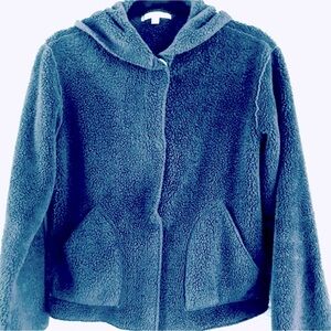 CAbi Fleece Snap Front Hooded Jacket, blue gray